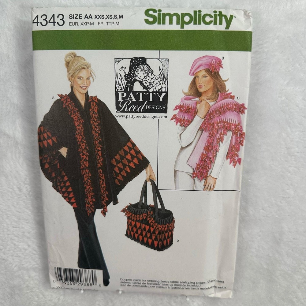 Simplicity 4343 UNCUT Sewing Pattern Women Poncho Shawl Tote Hat Patty Reed